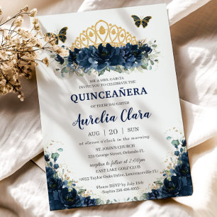 Quinceañera Navy Blue Floral Butterflies Crown Invitation