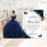 Quinceañera Navy Blue Floral Butterflies Picture Thank You Card<br><div class="desc">Personalise this lovely navy blue floral and silver quinceañera / birthday picture photograph thank you with own wording easily and quickly,  simply press the customise it button to further re-arrange and format the style and placement of the text.  Matching items available in store!  (c) The Happy Cat Studio</div>