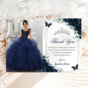 Quinceañera Navy Blue Floral Butterflies Picture Thank You Card