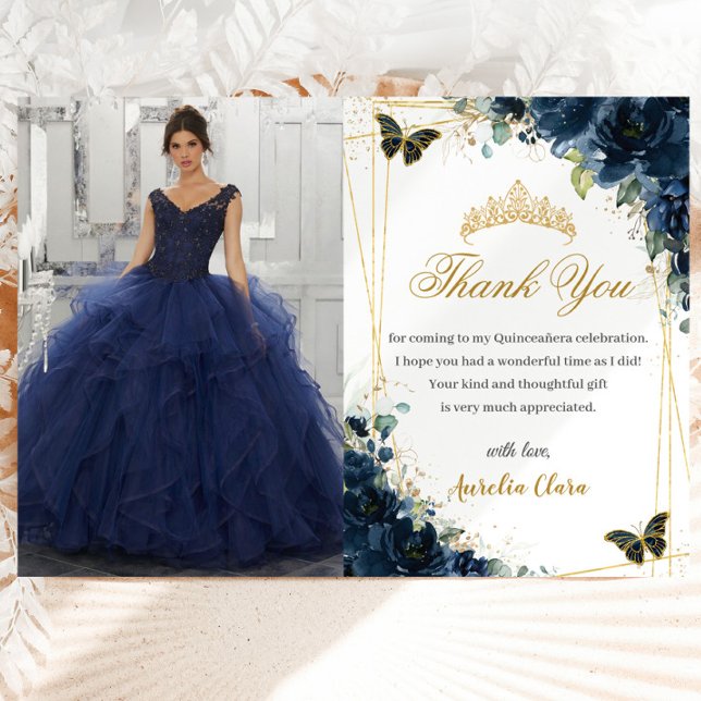 Quinceañera Navy Blue Floral Butterflies Picture Thank You Card (Creator Uploaded)