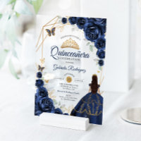 Quinceanera Navy Blue Floral Dress Gold