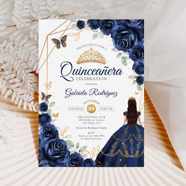 Quinceanera Navy Blue Floral Dress Gold Invitation (Creator Uploaded)