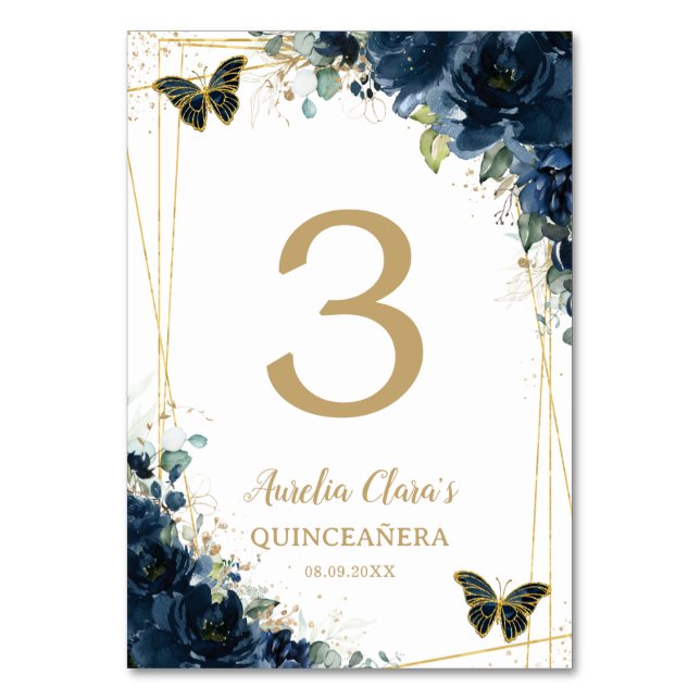 Quinceañera Navy Blue Floral Gold Butterflies Table Number (Front)