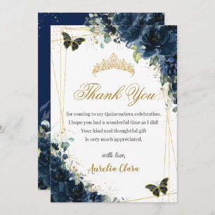 Quinceañera Navy Blue Floral Gold Butterflies Thank You Card