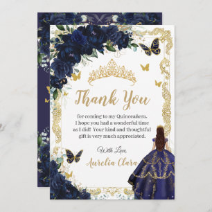 Quinceañera Navy Blue Floral Gold Princess 15 16 Thank You Card
