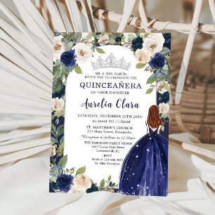 Quinceañera Navy Blue Floral Princess Birthday Invitation