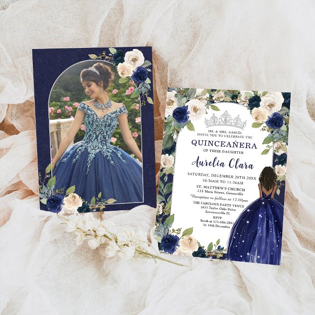 Quinceañera Navy Blue Floral Princess Birthday Invitation (Creator Uploaded)