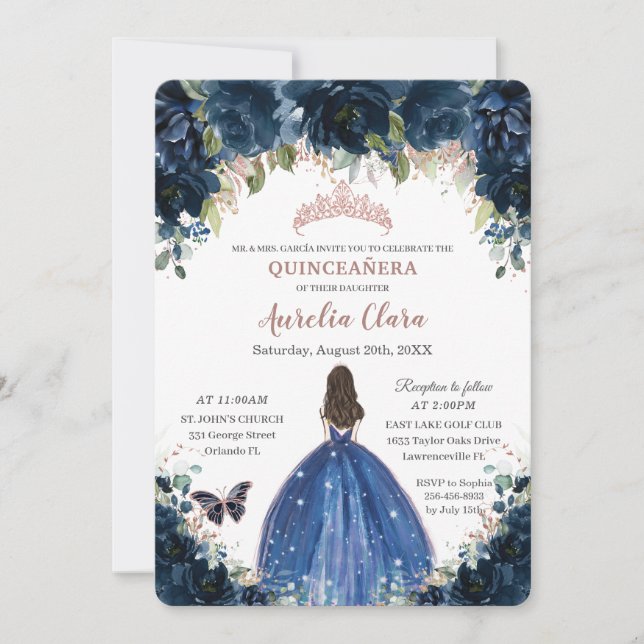 Quinceañera Navy Blue Floral Princess Rose Gold Invitation (Front)