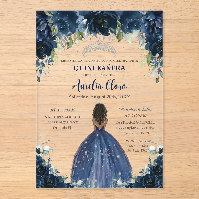 Quinceanera Navy Blue Floral Silver Brown Princess Acrylic Invitations (Front)