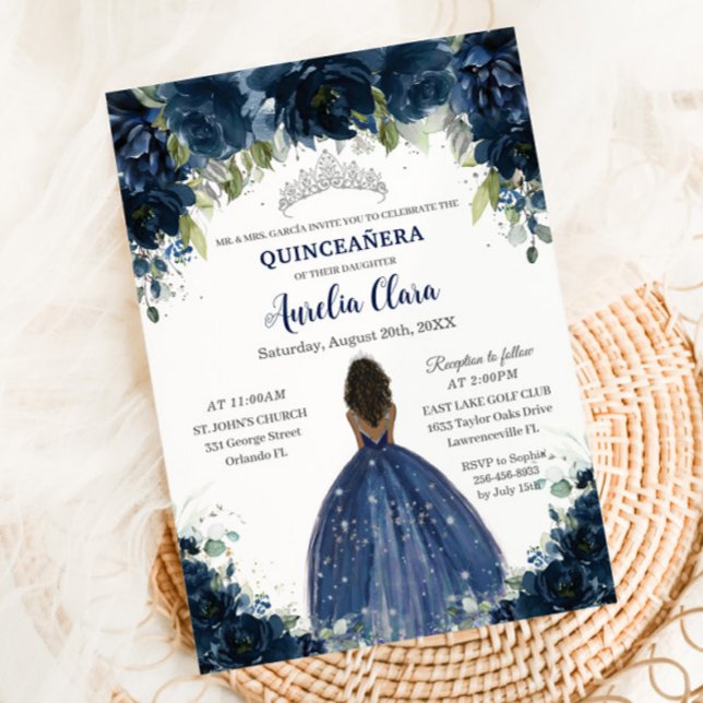 Quinceañera Navy Blue Floral Silver Brown Princess Invitation (Creator Uploaded)