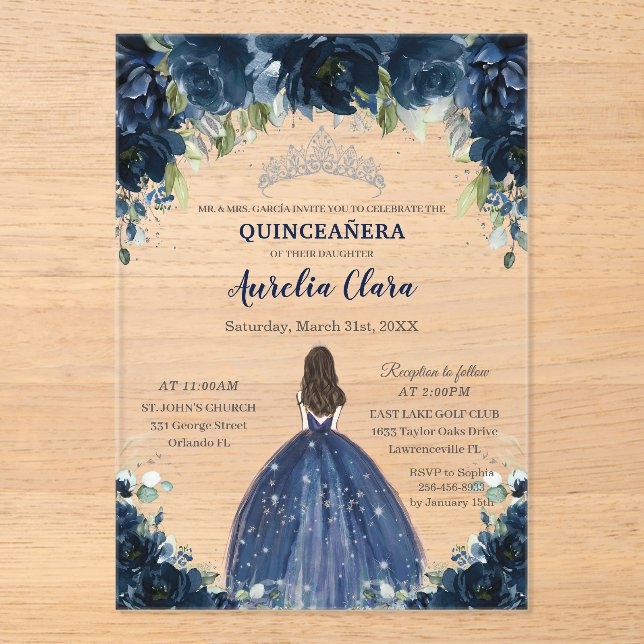 Quinceañera Navy Blue Floral Silver Princess Crown Acrylic Invitations (Front)