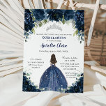 Quinceañera Navy Blue Floral Silver Princess Crown Invitation<br><div class="desc">Personalise this lovely quinceañera invitation with own wording easily and quickly,  simply press the customise it button to further re-arrange and format the style and placement of the text.  Matching items available in store!  (c) The Happy Cat Studio</div>