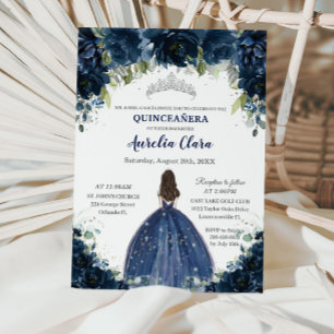 Quinceañera Navy Blue Floral Silver Princess Crown Invitation