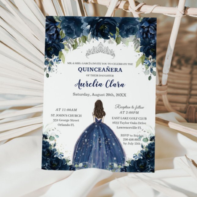 Quinceañera Navy Blue Floral Silver Princess Crown Invitation (Creator Uploaded)