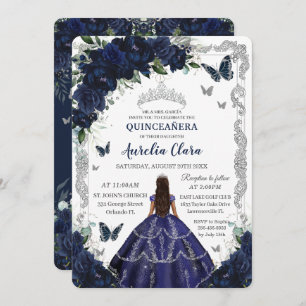 Quinceañera Navy Blue Floral Silver Princess  Invitation