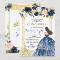 Quinceanera Navy Blue Flowers Gold Invitation