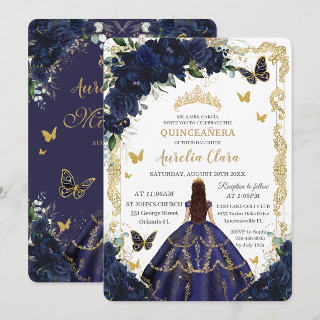 Quinceañera Navy Blue Flowers Gold Princess  Invitation (Front/Back)