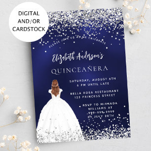 Quinceanera navy blue glitter dress invitation