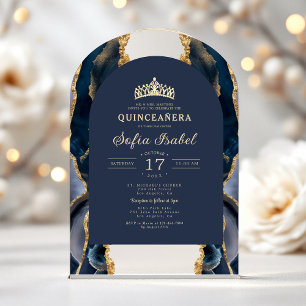 Quinceañera Navy Blue Gold Agate Elegant Acrylic Invitations