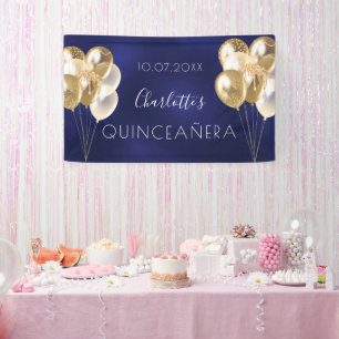 Quinceanera navy blue gold balloons party banner