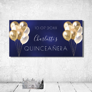 Quinceanera navy blue gold balloons party poster