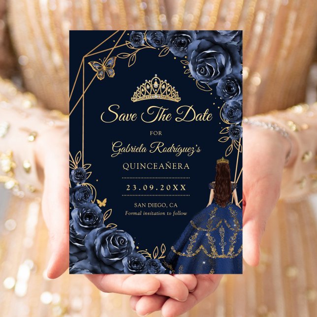 Quinceanera Navy Blue Gold Butterfly Dress Floral Save The Date (Creator Uploaded)