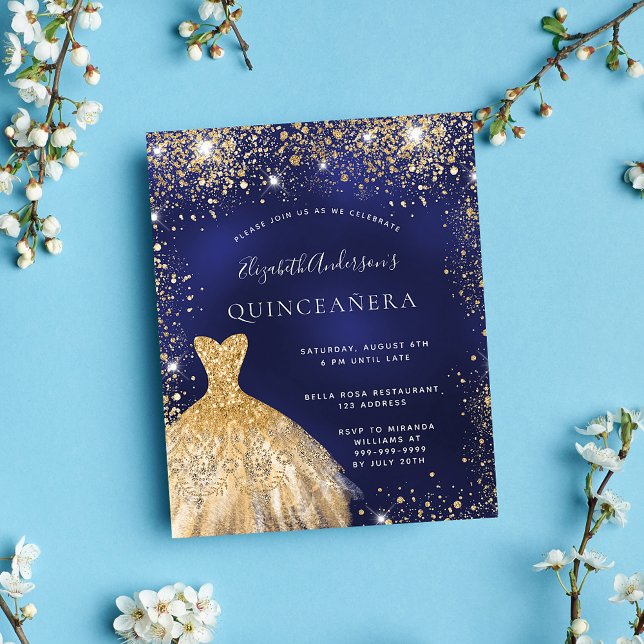 Quinceanera navy blue gold dress budget invitation flyer (Creator Uploaded)