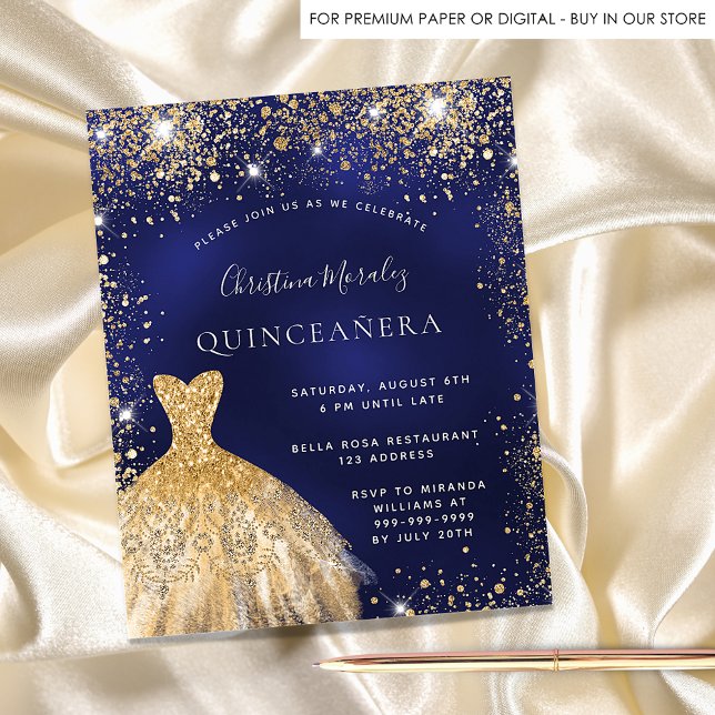 Quinceanera navy blue gold dress invitation (Creator Uploaded)