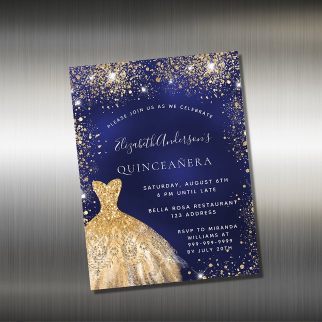 Quinceanera navy blue gold dress invitation magnet (Creator Uploaded)