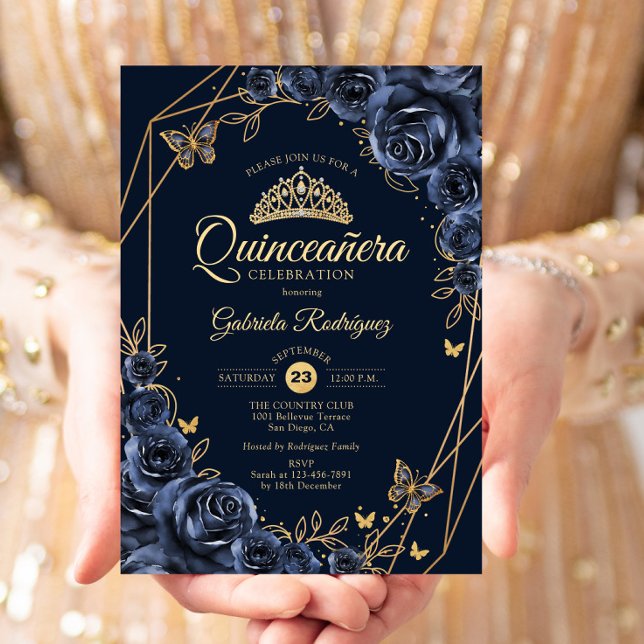 Quinceanera Navy Blue Gold Floral Butterfly Invitation (Creator Uploaded)