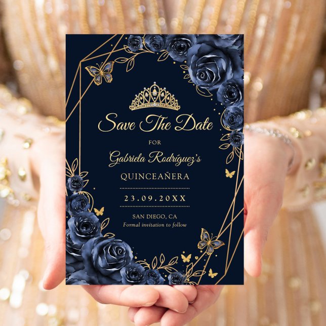 Quinceanera Navy Blue Gold Floral Butterfly Save The Date (Creator Uploaded)
