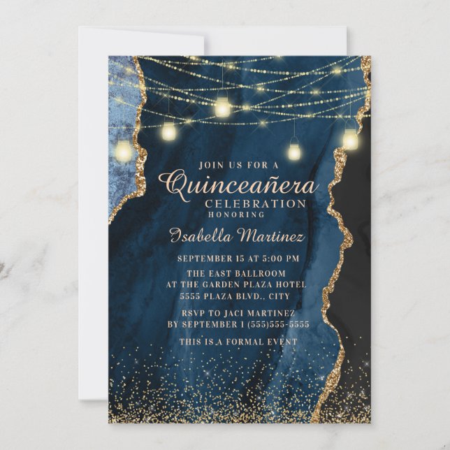 Quinceañera Navy Blue Gold Glitter String Lights Invitation (Front)