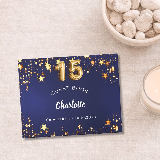 Quinceanera navy blue gold stars guest book (Creator Uploaded)