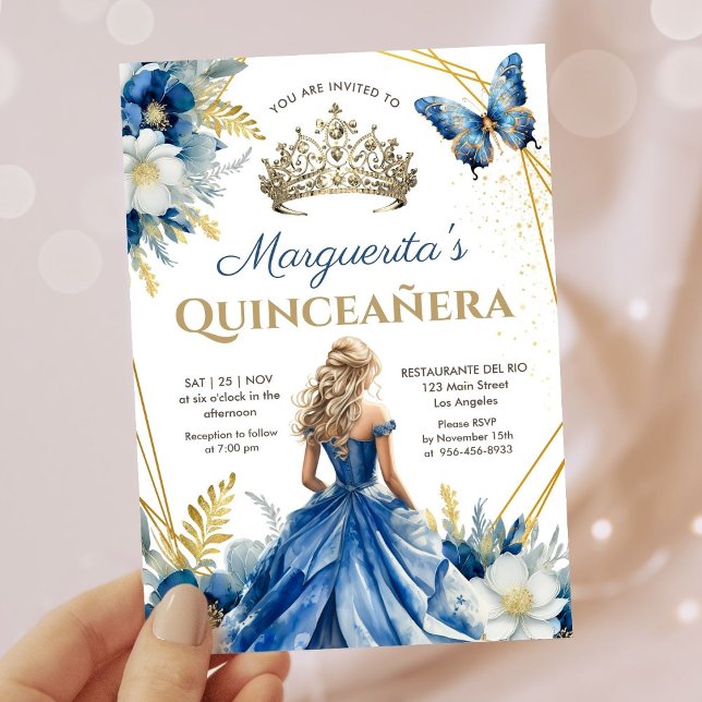 Quinceañera Navy Blue Gold Tiara Floral Butterfly Invitation (Creator Uploaded)
