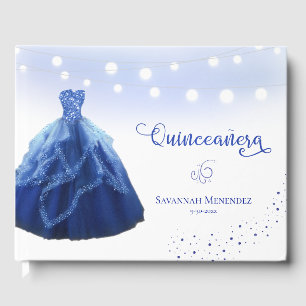 Quinceanera Navy Blue Gown String Lights Photo Guest Book