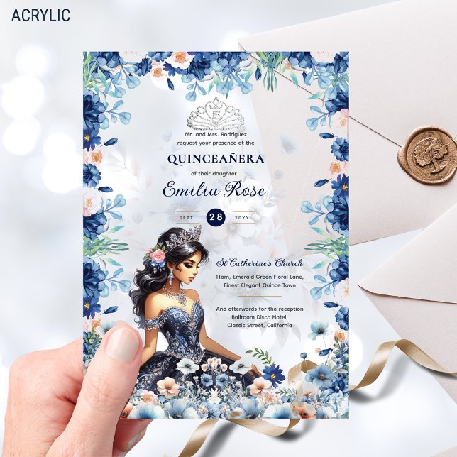 Quinceañera Navy Blue Peach Silver Dress Flowers Acrylic Invitations (Creator Uploaded)