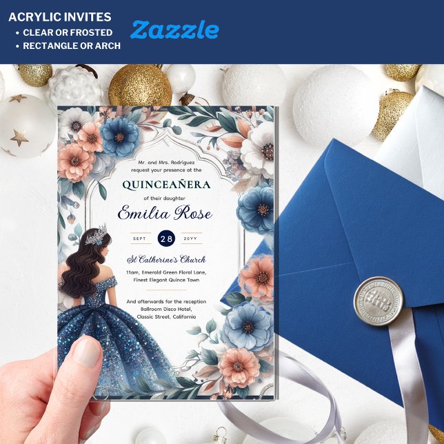 Quinceañera Navy Blue Peach Silver Dress Flowers Acrylic Invitations (Creator Uploaded)