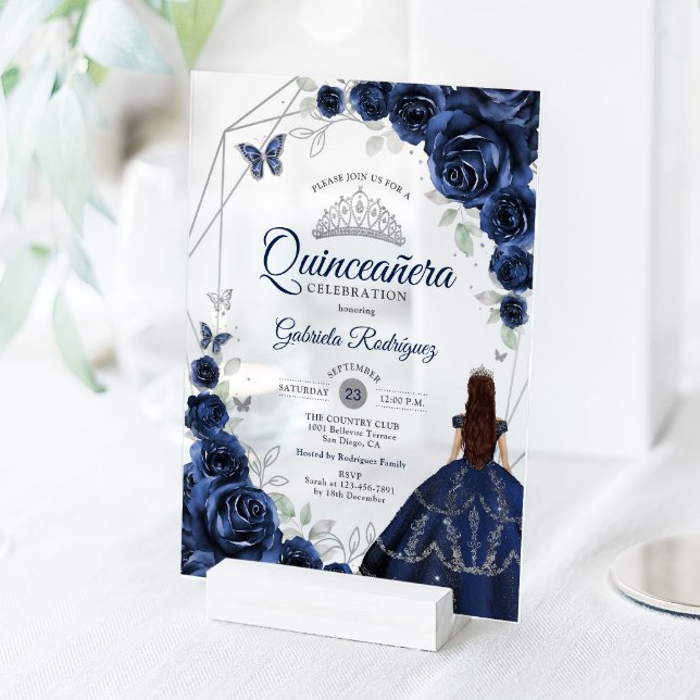 Quinceanera Navy Blue Silver Floral Dress Acrylic Invitations (Creator Uploaded)