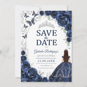 Quinceanera Navy Blue Silver Floral Save The Date