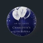 Quinceanera navy blue silver glitter balloons name 6 cm round badge<br><div class="desc">For a Quinceañera,  15 th birthday. Navy blue backround,  the blue colour is uneven. Decorated with faux silver glitter,  sparkles and white balloons.  Personalise and add a name.  White letters. Can be used as a name tag for your guests,  party favour or Save the Date reminder for your guests.</div>