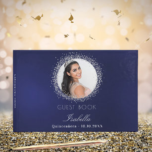 Quinceanera navy blue silver photo glamourous guest book