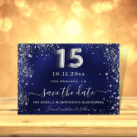 Quinceanera navy blue silver sparkles save the date<br><div class="desc">A trendy Save the Date for a Quinceañera, 15th birthday party. A navy blue background decorated with faux silver glitter, sparkles. The blue colour is uneven. Personalise and add a date and name/age. The text: Save the Date is written with a large trendy hand lettered style script. Number 15 with...</div>