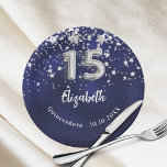 Quinceanera navy blue silver stars paper plate<br><div class="desc">For a Quinceañera party. A navy blue background colour with faux silver stars. The blue colour is uneven.  Add your name,  text.</div>