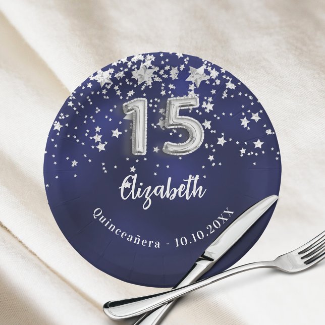 Quinceanera navy blue silver stars paper plate (Creator Uploaded)