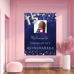 Quinceanera navy blue silver stars photo welcome poster
