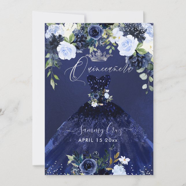 Quinceanera Navy Blue Watercolor Dress Invitation (Front)