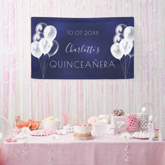 Quinceanera navy blue white balloons party  banner (Party)