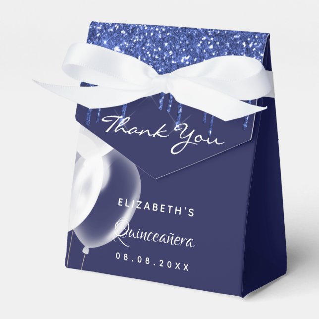 Quinceanera navy blue white balloons thank you favour box (Front Side)