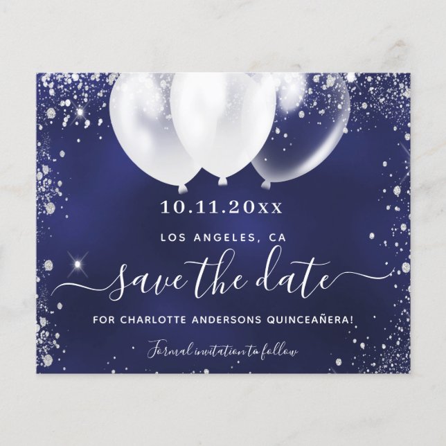 Quinceanera navy blue white budget save date flyer (Front)