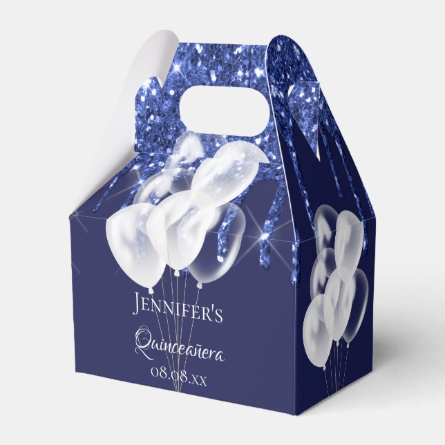 Quinceanera navy blue white glitter balloons favour box (Front Side)